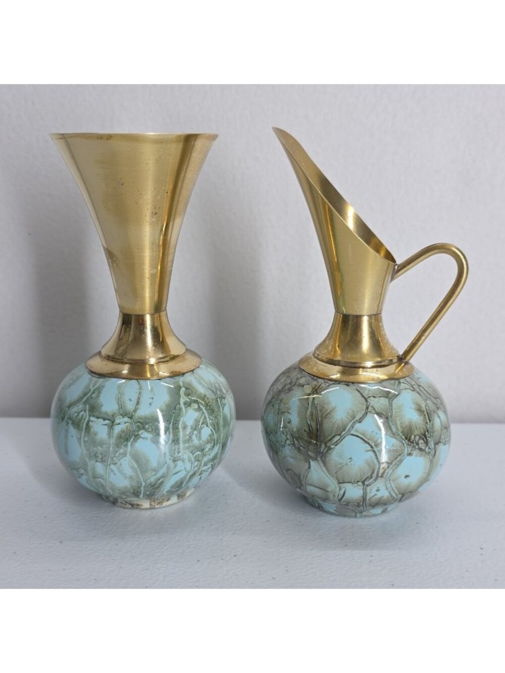 Delft Hand Painted In Holland Ewer Pitcher & Vase Set Brass Aqua Marbled Ceramic